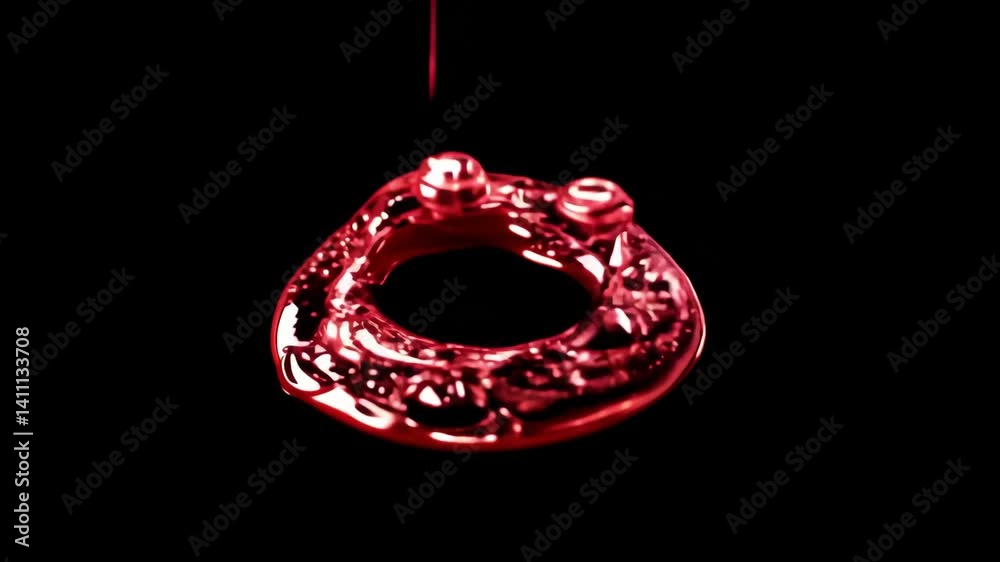 A red liquid splash forms a face , captured in slow motion with perfect round face shape and glossy surface to show artistic beauty and fluid motion