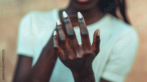 A Black woman with dark skin and long, elegant fingers showcasing a minimalis...