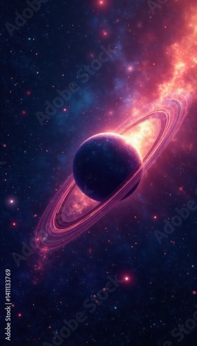 Close-up of stars and planetary rings in outer space with a black hole background, galaxy, black hole