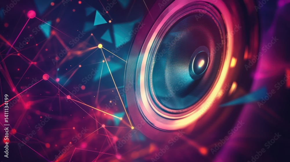 Close-up speaker, vibrant network backdrop, music, audio tech Close-up speaker, vibrant network backdrop, music, audio tech