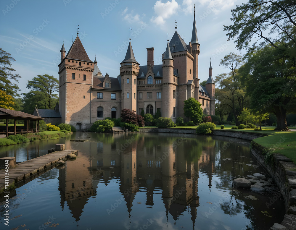 Historic Castle Reflecting in Pond on a Sunny Day Historic Castle Reflecting in Pond on a Sunny Day