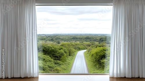 Serene garden view through window soft greens and whites peaceful nature image