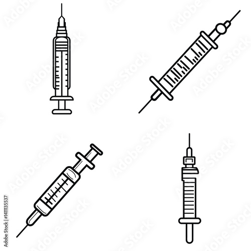 Syringe Line Art Medical Injections, Vaccine, Healthcare on Transparent Background