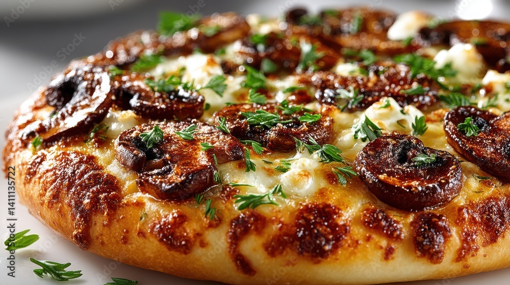 close up of a savory vegetarian pizza topped with champignon mushrooms isolated on white