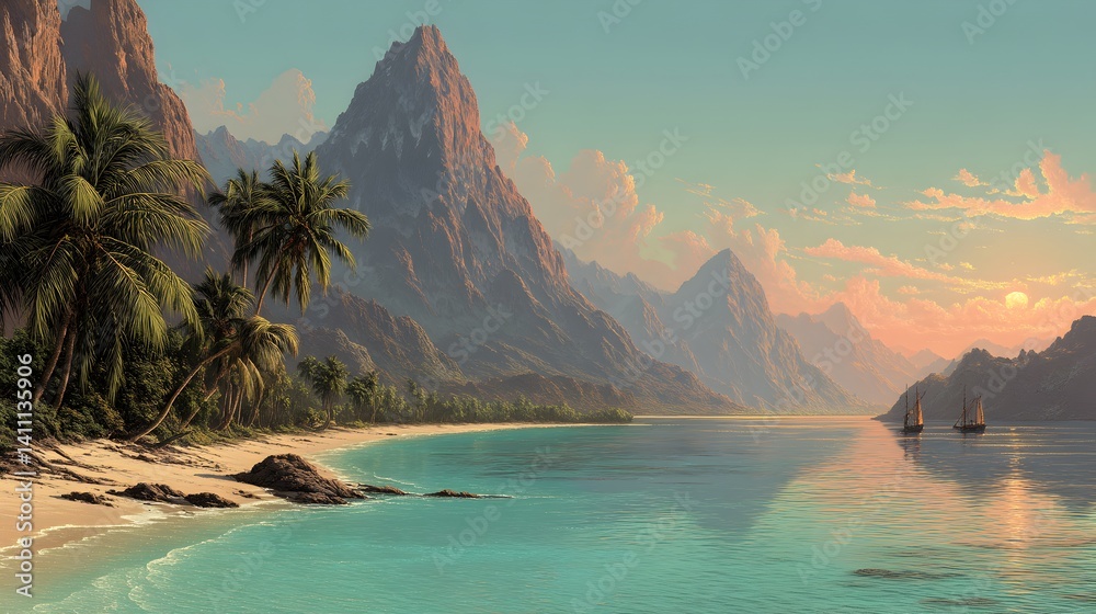 Naklejka premium Serene tropical beach sunset landscape with majestic mountains and calm ocean water featu palm trees and sailing boats.