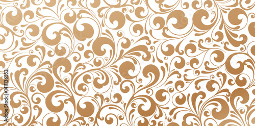 Seamless pattern white swirls golden colors isolated white background from a floral ornament for Fashionable modern wallpaper or textile, book cover print, patterned fills, webs pages, surface texture