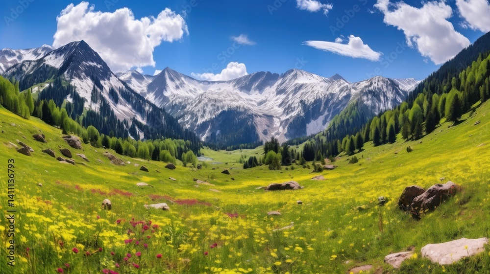 Breathtaking mountain landscape high altitude valley nature photography vibrant flora panoramic view natural beauty