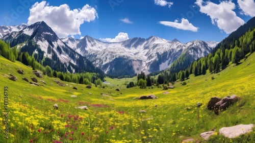 Obraz na płótnie Breathtaking mountain landscape high altitude valley nature photography vibrant flora panoramic view natural beauty w salonie