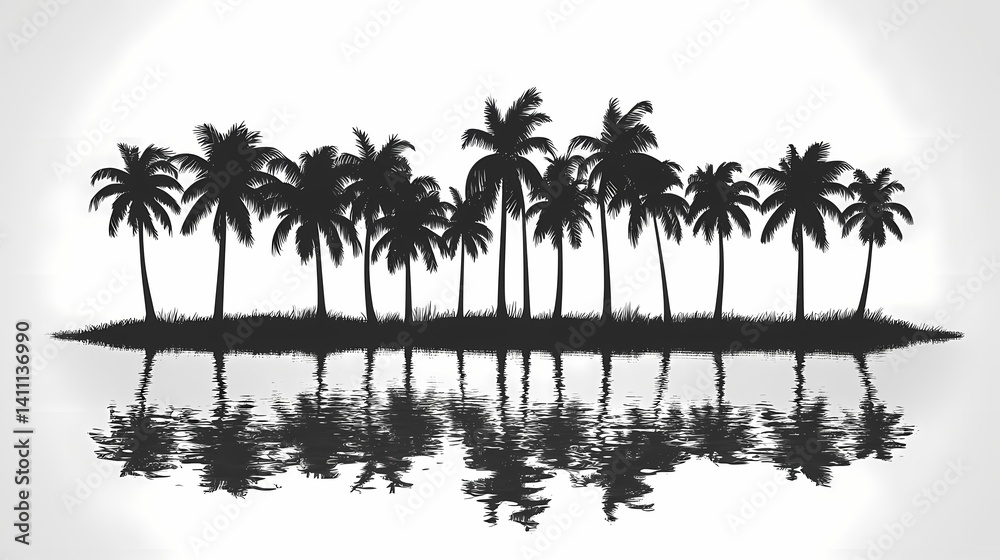 Obraz premium Tranquil Tropical Paradise: Silhouetted Palm Trees on Isolated Island with Calm Waters