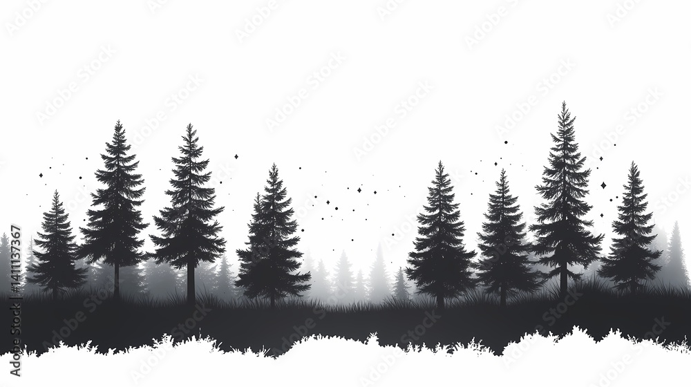 Obraz premium Misty Forest Silhouette: Black and White Nature Art with Pine Trees & Wildlife