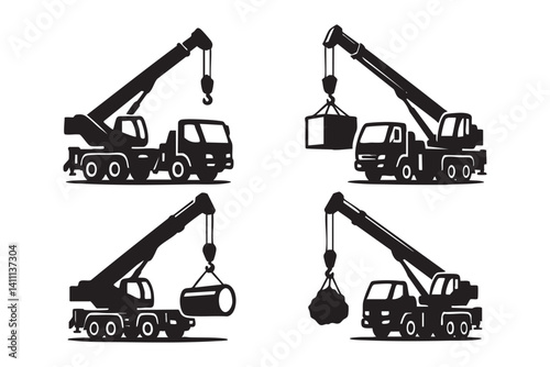Retro Vector Style Crane Trucks Lifting Heavy Loads