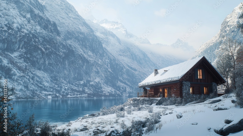 Fototapeta premium A cozy log cabin sits near a mountain lake in winter
