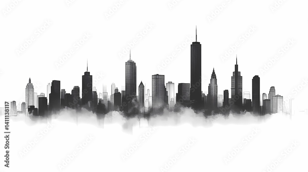 Naklejka premium Majestic City Skyline: Monochrome Urban Landscape with Modern Buildings and Fog - Artistic Vector Art Illustration of Metropolitan Architecture