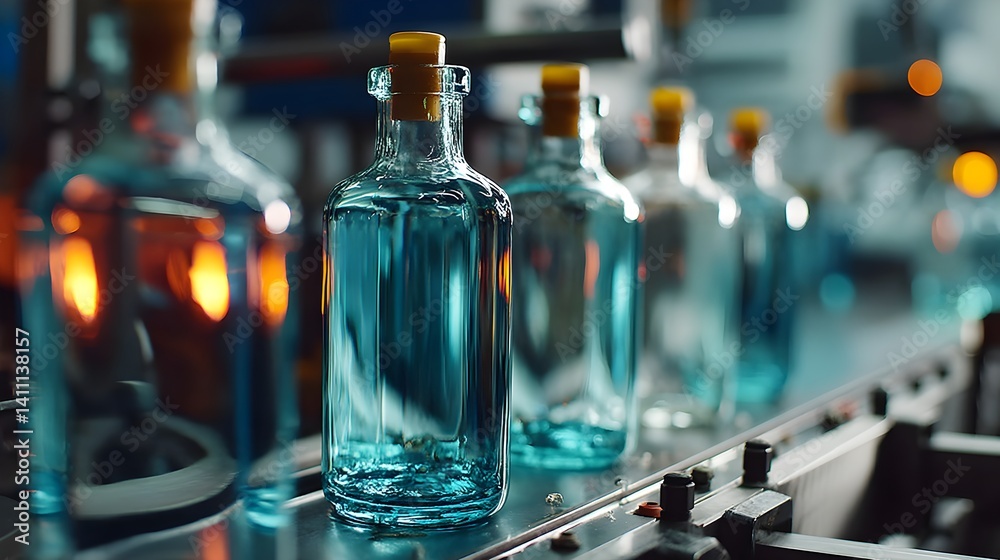 Close-up view of a glass bottle production line showing teal glass bottles with cork stoppers moving along a conveyor belt in a modern factory. Close-up view of a glass bottle production line showing teal glass bottles with cork stoppers moving along a conveyor belt in a modern factory.