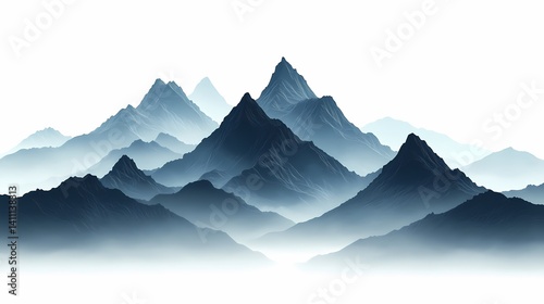 Blue & Black Abstract Mountain Range: Watercolor Digital Art Illustration of Scenic Nature Landscape