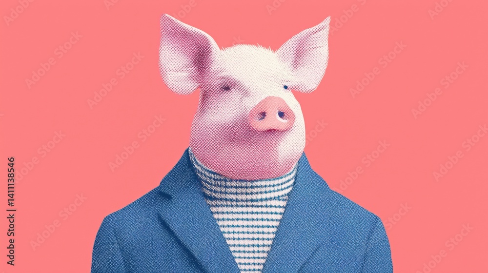 Pig dressed in smart casual attire posing against a solid pink background.