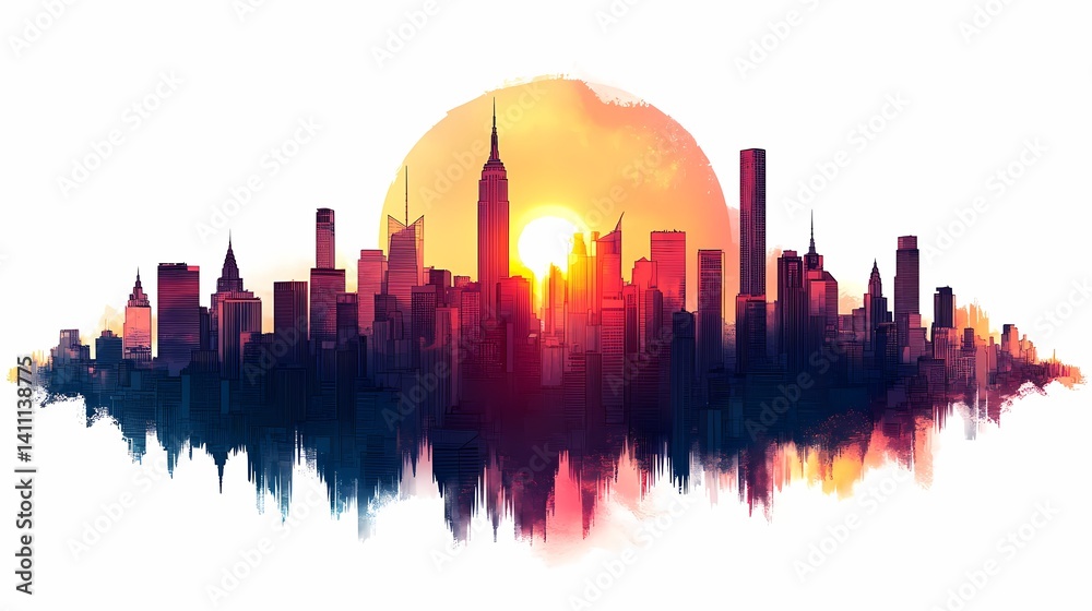 Obraz premium Vibrant Cityscape: Modern Skyline Silhouette at Sunset - A Stunning Digital Art Representation of Urban Architecture and Travel Destinations