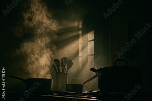 Low-angle kitchen scene showing steam and light rays from a stovetop, with pots and cooking tools in silhouette