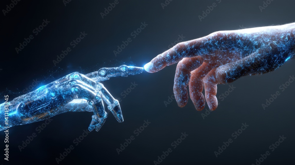 Artificial intelligence and human connection digital realm conceptual art futuristic environment close-up view technology impact