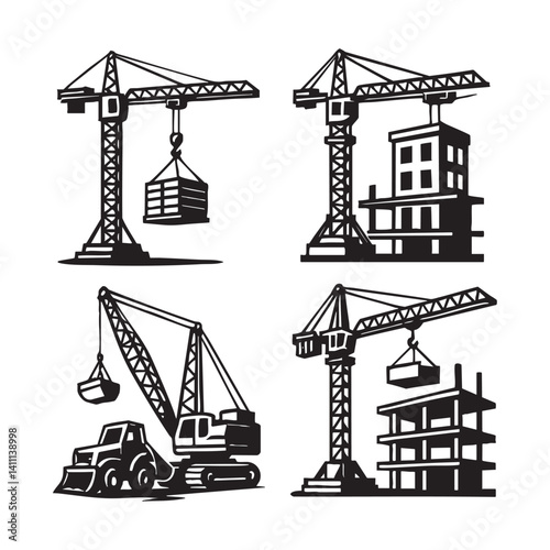 Tower and Crawler Cranes in Construction Zone Vector Style