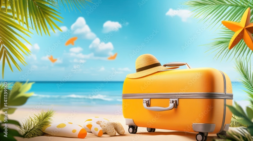 Fototapeta premium Tropical beach vacation suitcase summer travel