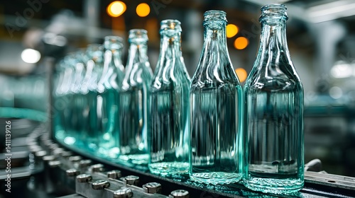 A row of empty glass bottles moves along a conveyor belt in a modern beverage factory production line.