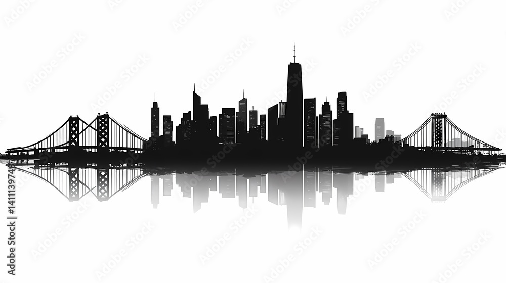 Naklejka premium Black and White Cityscape Silhouette with Bridge Reflection: Urban Skyline at Night