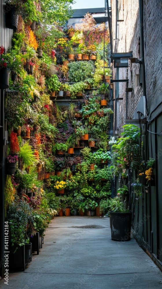 Fototapeta premium Lush Vertical Garden Display in Urban Alleyway Surrounded by Plants