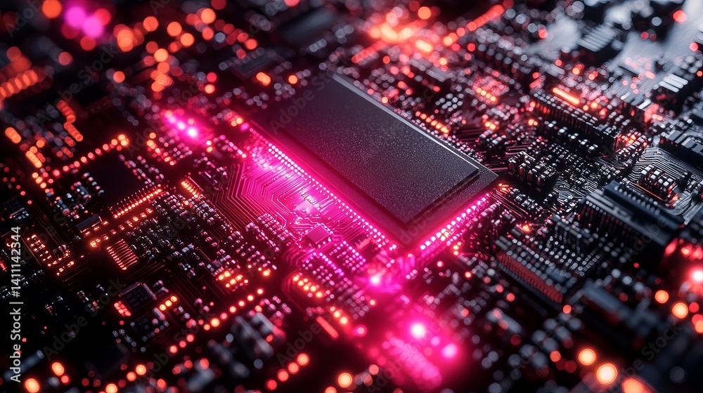 Close up view of a computer chip with red and pink lights illuminating the intricate circuit board design Close up view of a computer chip with red and pink lights illuminating the intricate circuit board design