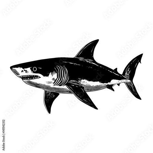 Shark wood block print shark white illustration vector