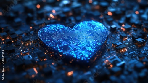 Glowing digital heart on circuit board; tech background, love concept
