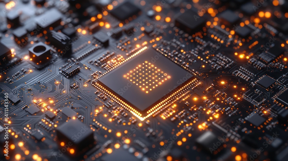 Glowing CPU on circuit board; data processing; tech background; website banner Glowing CPU on circuit board; data processing; tech background; website banner