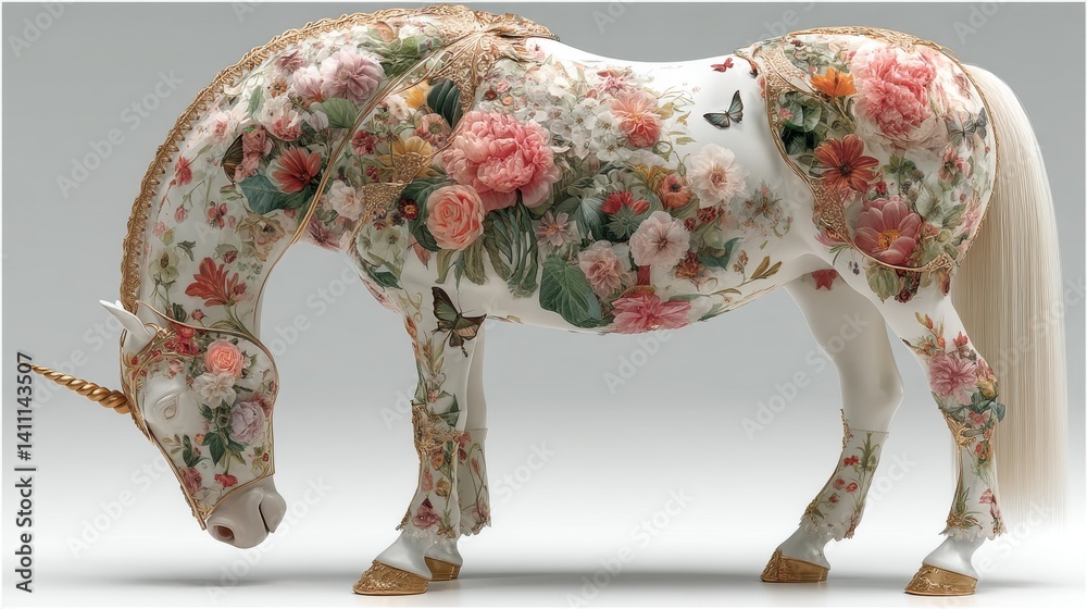 Obraz premium elegant unicorn with floral accents and butterflies isolated on white