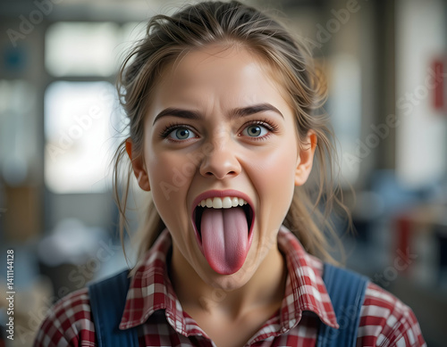 Woman with Wide Open Mouth and Tongue Out in Close Up Expression