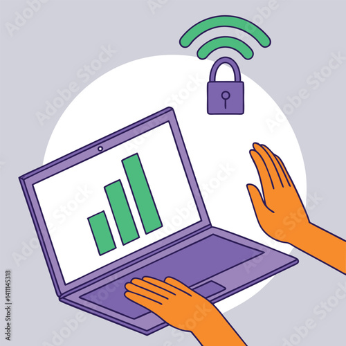 Hands on Laptop with Secure Wi-Fi Signal: Online Security Concept Icons.