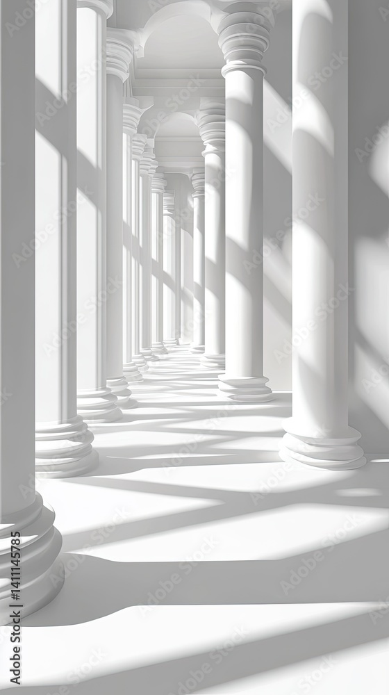 White Columned Corridor with Shadows and Light Play on Floor White Columned Corridor with Shadows and Light Play on Floor