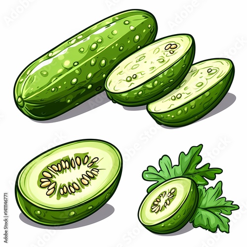 Fresh Sliced Green Cucumber: Organic Healthy Vegetable for Wholesome Culinary Creations and Summer Salads - Perfect for Vegan Diets, Sandwiches, and Refreshing Deli Food