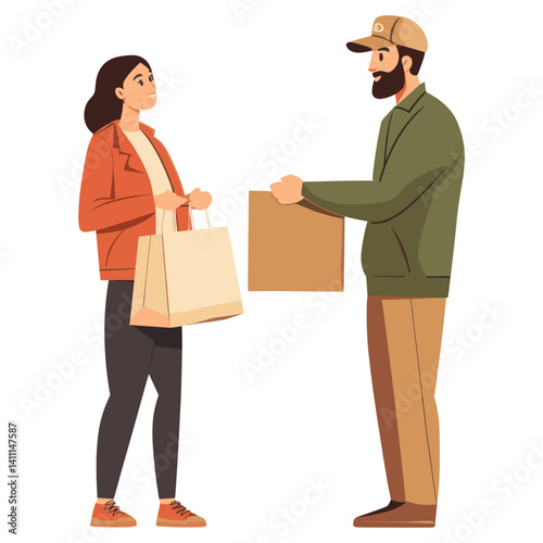 Woman receiving bags delivery package vector