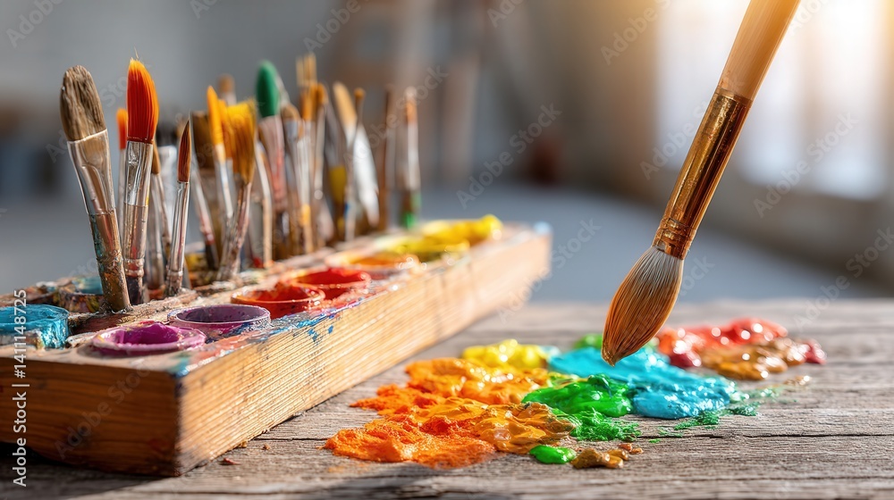 Fototapeta premium Artistic palette with assorted brushes laid out for creative painting session on canvas in a colorful studio space