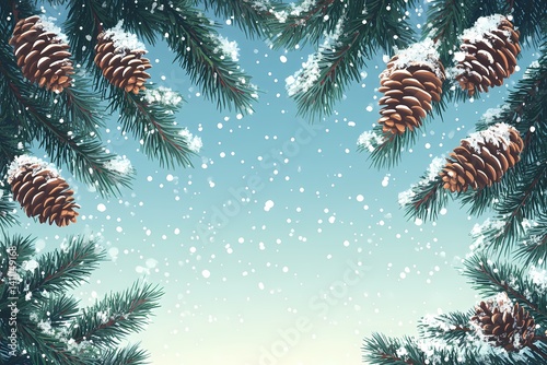 Winter Wonderland: Snowy Pinecones and Evergreen Forest – Tranquil Christmas Holiday Background