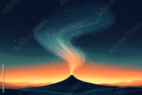 Volcano Eruption Vector Art: Silhouette Against Starry Night Sky and Dusk Landscape