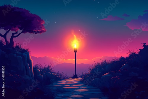 Digital Illustration of a Vibrant Sunset Landscape with Torchlight in the Mountains: Mystical Evening Serenity