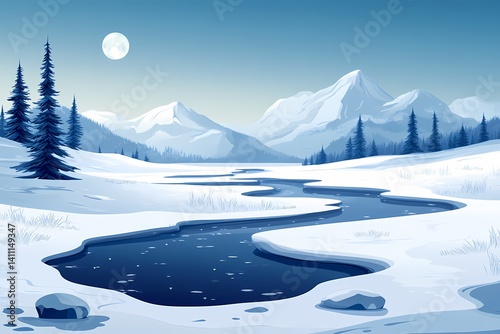 Serene Winter Landscape with Moonlit River and Snowy Mountains - Peaceful Night in Nature Illustration