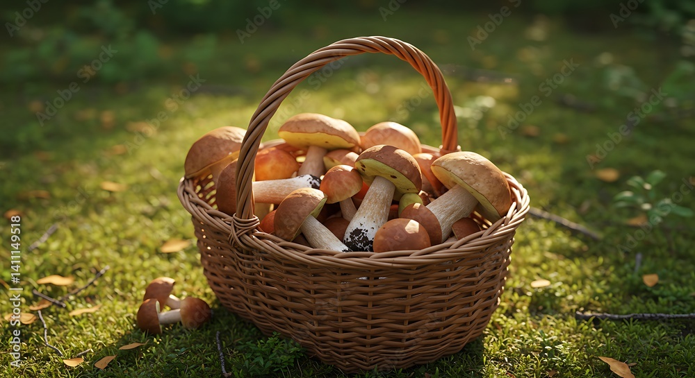 Autumnal Mushroom Harvest: A Rustic Wicker Basket of Forest Fungi Autumnal Mushroom Harvest: A Rustic Wicker Basket of Forest Fungi
