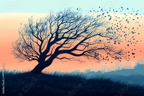 Vibrant Nature Silhouette: Scenic Sunset Landscape with Wind-Swept Tree Branches and Colorful Sky