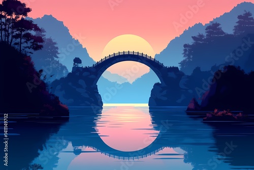 Stunning Digital Art: Reflective Sunset Landscape with Silhouette Bridge and Vibrant Colors in Scenic Asia