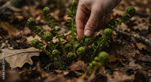 Fiddleheads Emerging: A Serene Forest Floor Close-up photo
