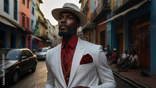 	
Ze Pilintra Umbanda Quimbanda Entity Trickster Malandro Walking at night in Arco da Lapa Rio de Janeiro	
