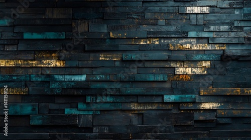 Abstract rustic wooden wall background with blue and gold accents texture