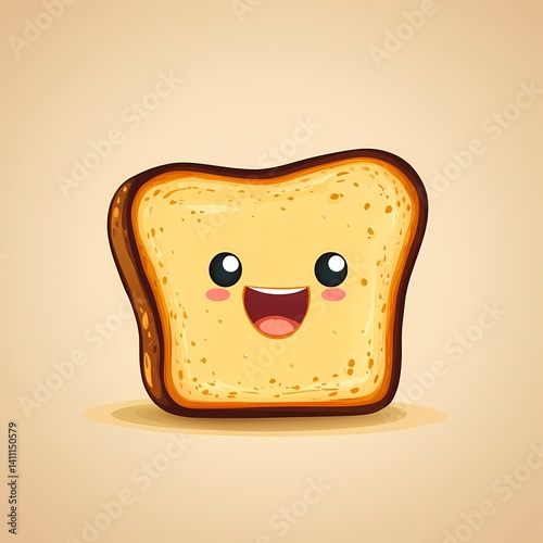 Whimsical Cartoon Cute Toast - Smiling Bread Slice with Happy Face Illustration